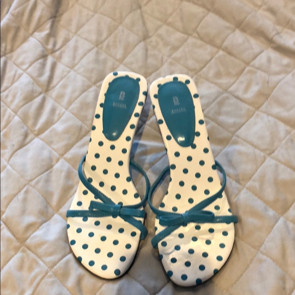Blue and white polka dot heels
